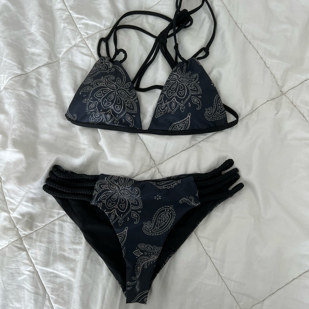 Black bandana reversible bikini set. Braided Rope string detail.